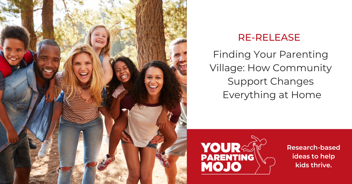 RE-RELEASE: Finding Your Parenting Village: How Community Support Changes Everything at Home A group of diverse families enjoying time outdoors in a forest setting. Adults and children are smiling and having fun together