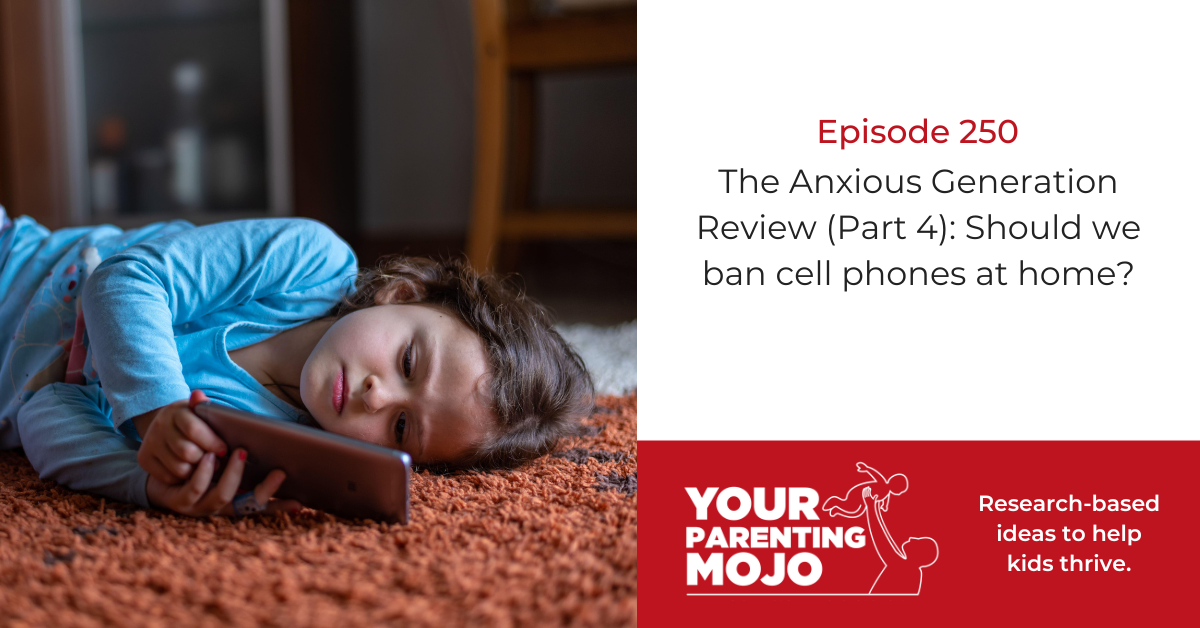 250:The Anxious Generation Review (Part 4): Should we ban cell phones at home? A young child lies on their side on an orange shag carpet, looking at a tablet or phone screen with a focused expression