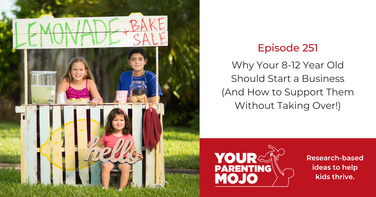Three children running a lemonade and bake sale stand made from white wooden crates, with a hand-drawn sign reading "LEMONADE + BAKE SALE" above them