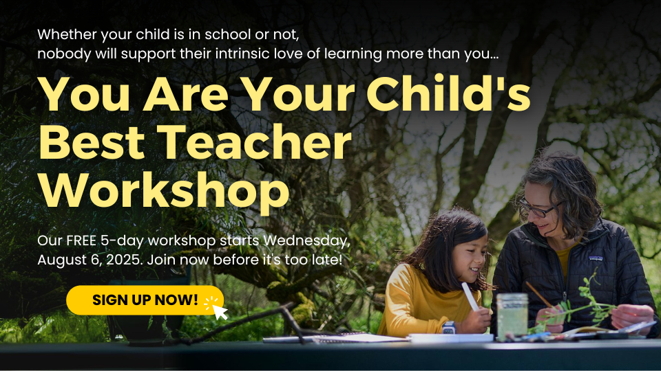 A parent and child sit together at an outdoor table, engaged in a nature-based learning activity with notebooks and materials, illustrating the workshop's focus on parent-led education.