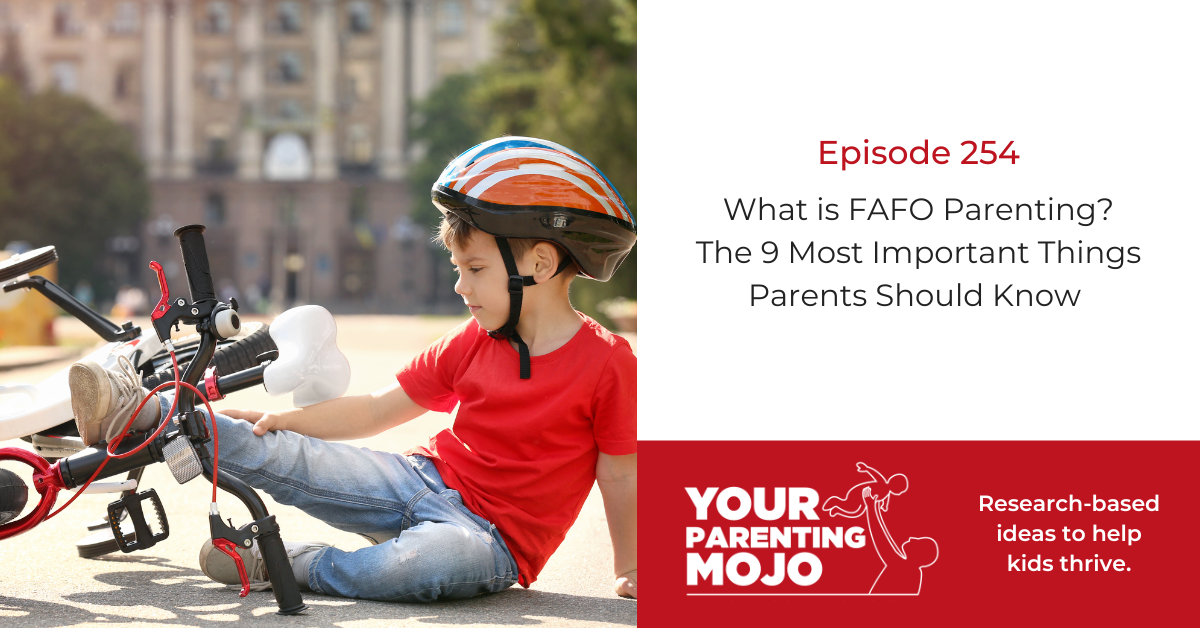 254: What is FAFO Parenting? The 9 Most Important Things Parents Should Know A child wearing a red shirt and striped bike helmet sits on the ground next to a fallen red bicycle, appearing calm despite the accident