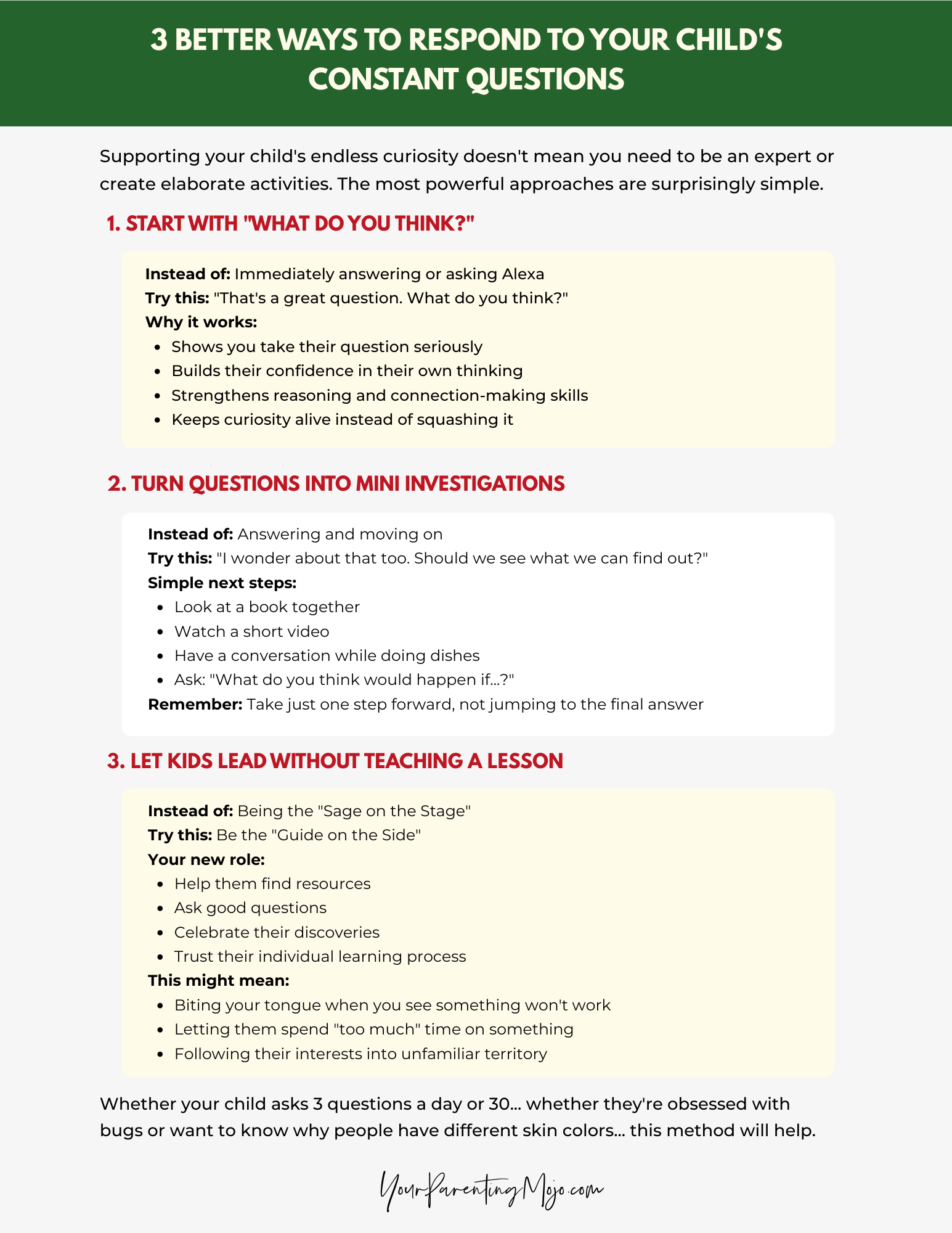 infographic on 3 Better Ways to Respond to Your Child's Constant Questions