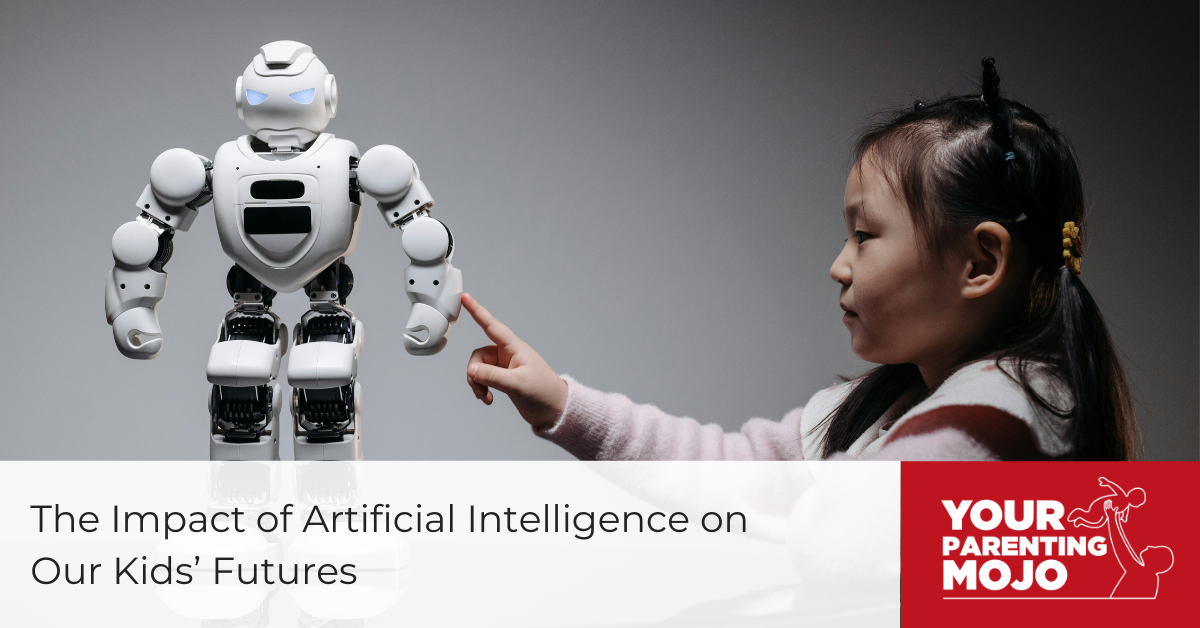 A young girl in a white and red outfit points at a small white humanoid robot with glowing blue eyes