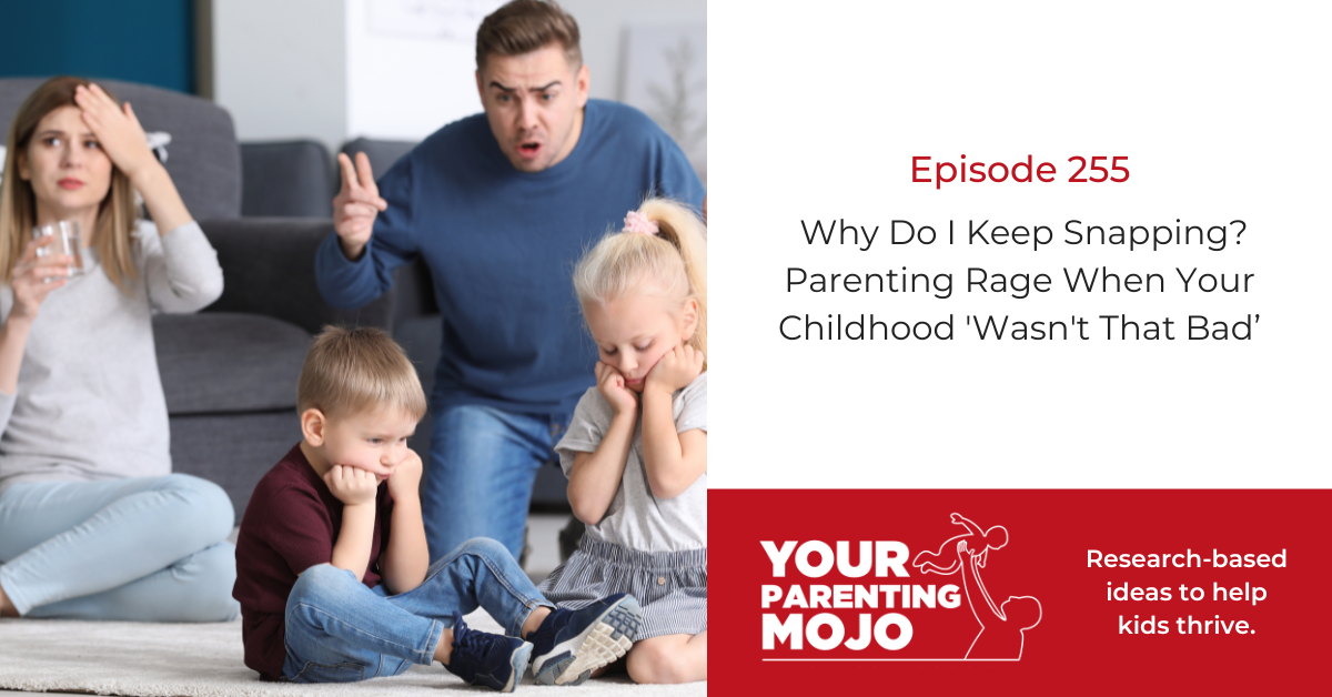 A distressed family sits on a living room floor - parents appear frustrated while two young children cover their faces with their hands, illustrating the emotional impact of family conflict.