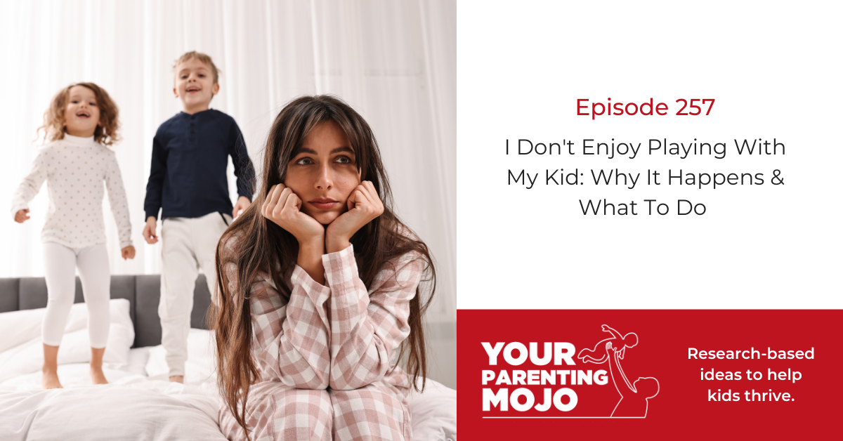 257: I Don't Enjoy Playing With My Kid: Why It Happens & What To Do A parent sits on a couch looking tired and overwhelmed while two energetic children play behind them