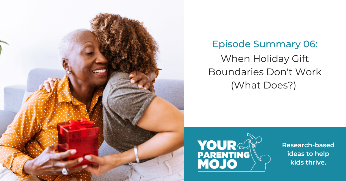 Episode Summary 06: When Holiday Gift Boundaries Don't Work (What Does) Woman in yellow polka dot shirt smiling while receiving a wrapped gift and hug from another person, illustrating holiday gift-giving between family members