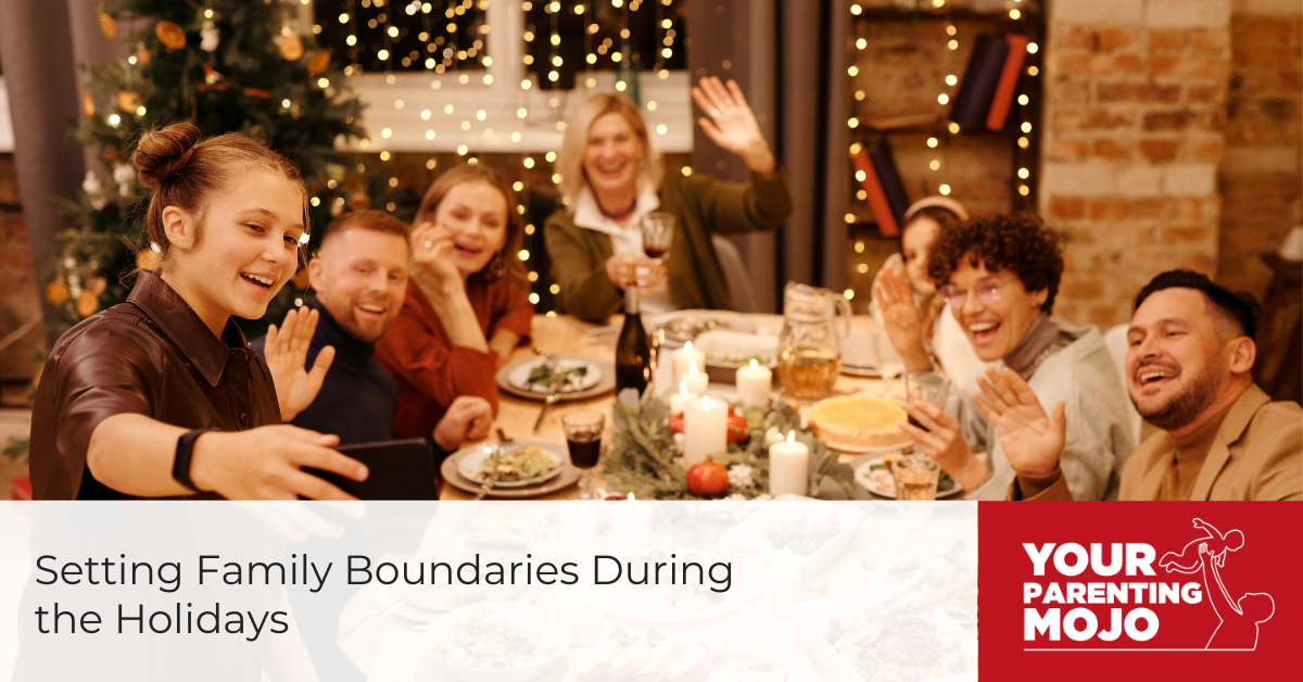 Multi-generational family celebrating together at holiday dinner table with Christmas tree in background