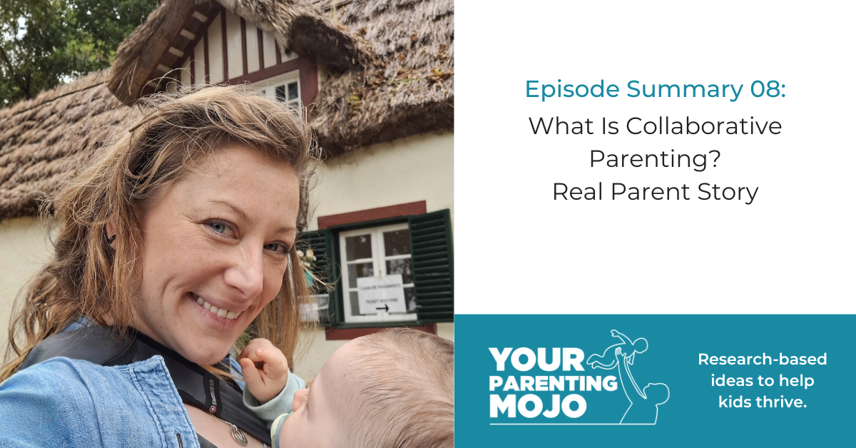 A smiling parent with a baby in a carrier stands in front of a traditional thatched-roof house