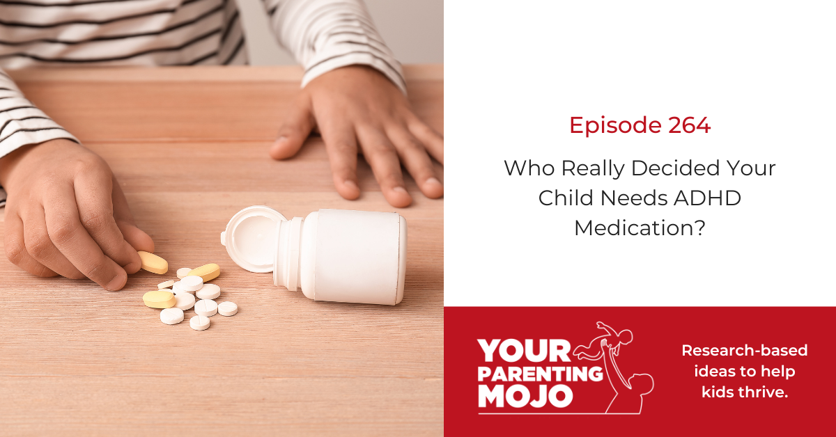 A pill bottle tipped on its side with white and yellow tablets spilling out onto a wooden surface, with a child's hands visible nearby