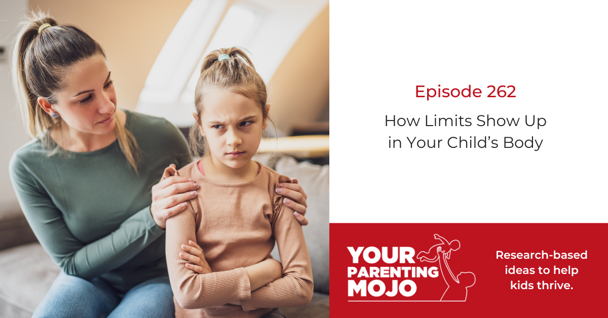 A mother places hands on her scowling daughter's shoulders as the girl crosses her arms defensively