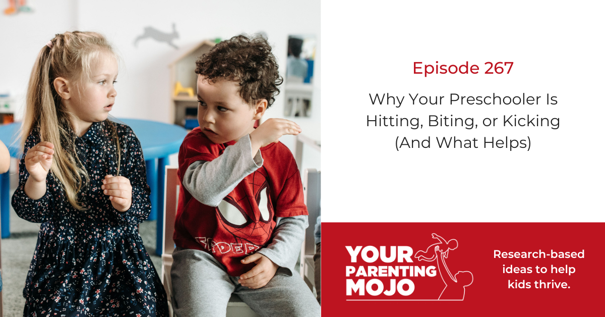 Why Your Preschooler Is Hitting, Biting, or Kicking (And What Helps) A young girl and boy sit together indoors, mid-conversation, with the boy raising his arm.